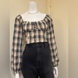 NWT - Nordstrom Rack brown cream black long sleeve crop blouse - Size S